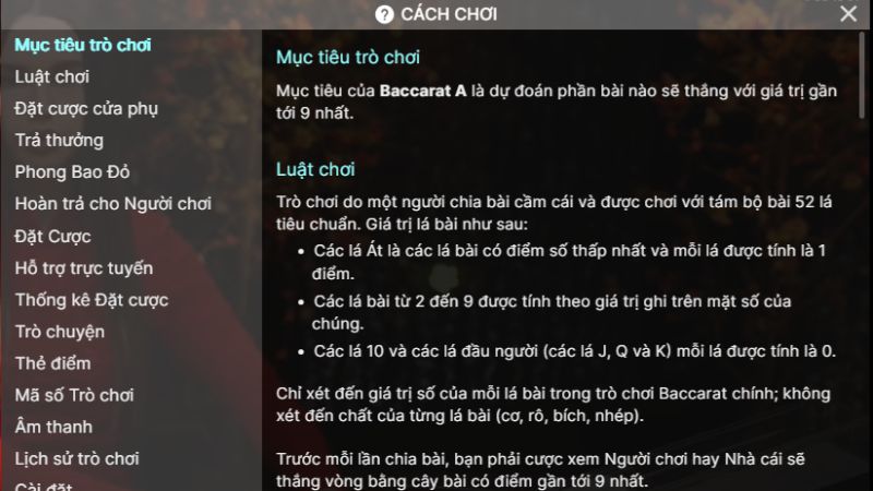 Luật tính điểm baccarat